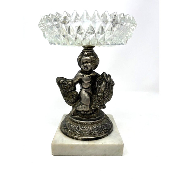 Vintage Metal Cherub Riding Koi Fish Cut Glass Soap/Candy Dish Marble Base - Picture 1 of 12